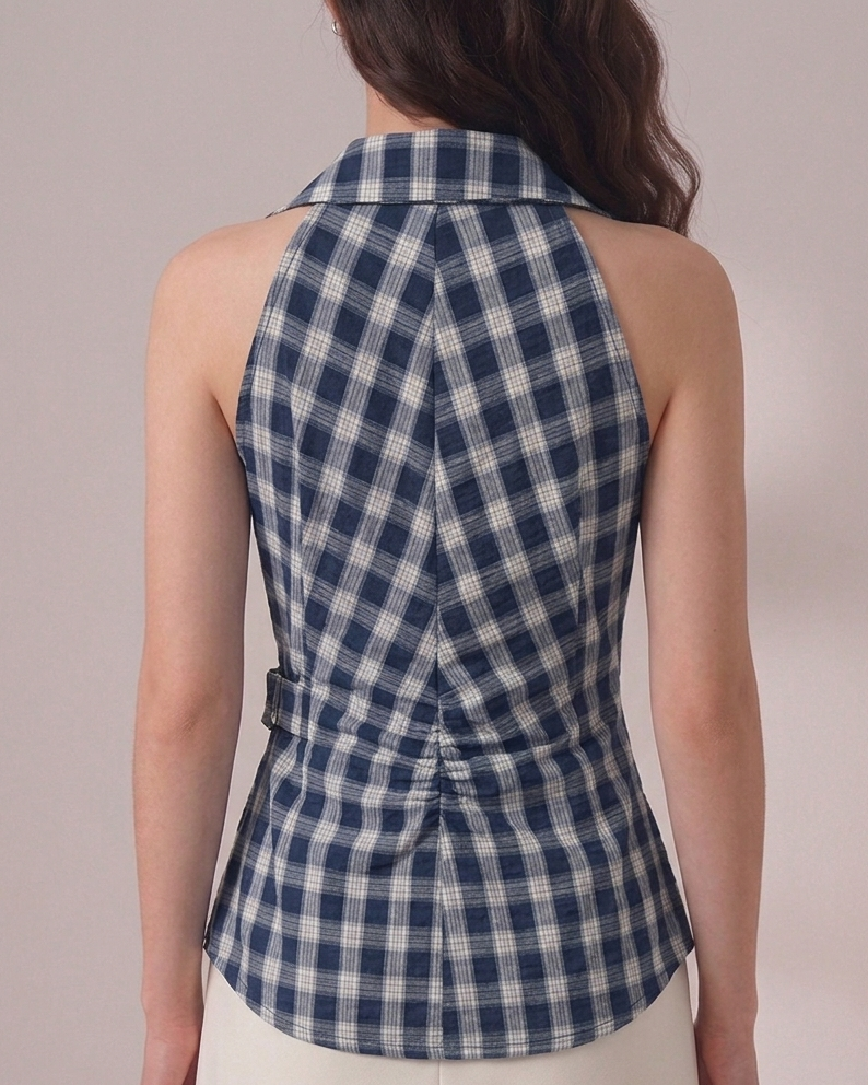 Checkered Collar Wrap Top