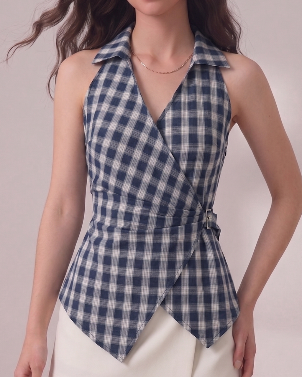 Checkered Collar Wrap Top
