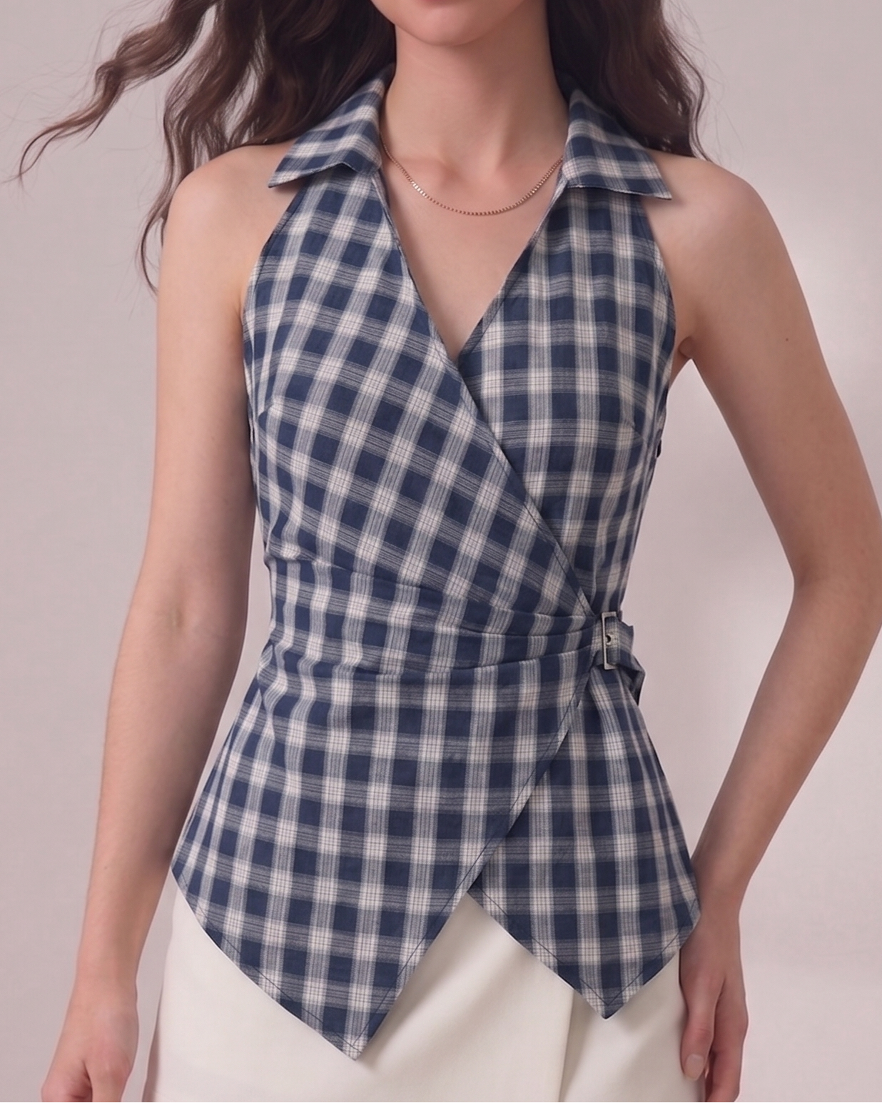 Checkered Collar Wrap Top