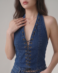 denim criss cross halter