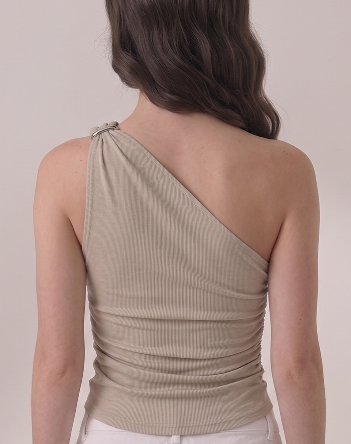 one shoulder clip top