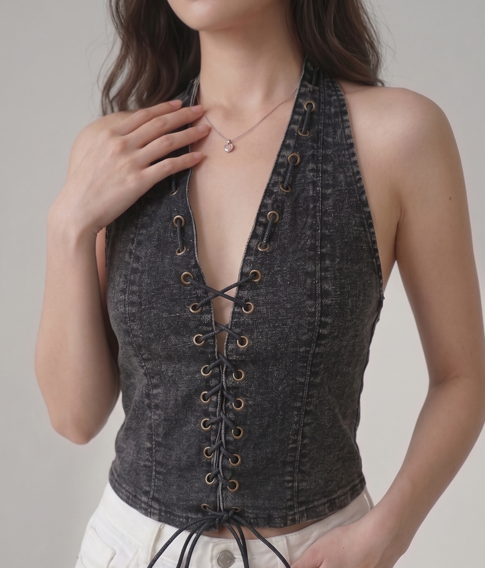 denim criss cross halter